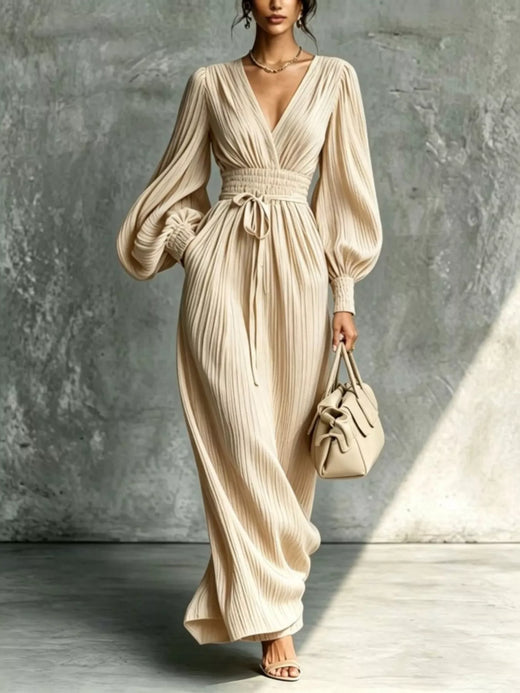Elegant Pleated V-Neck Maxi Dress with Lantern Sleeves and Tie-Waist