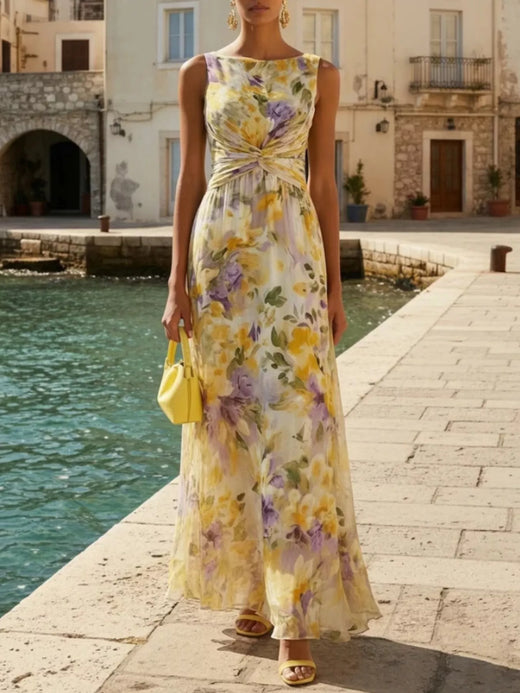 Floral Print Sleeveless Twist-Front Maxi Dress