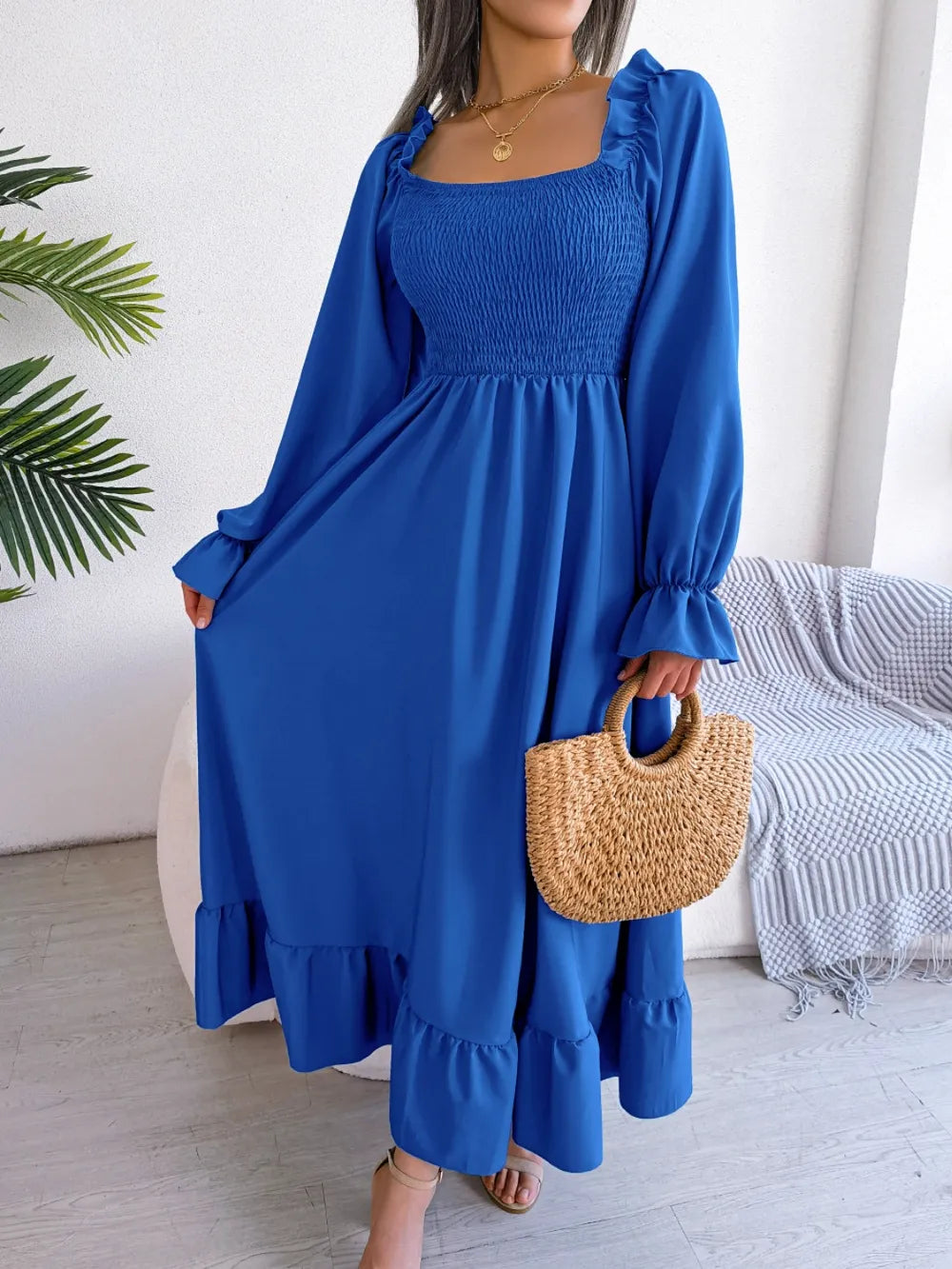 Smocked Square Neck Flounce Sleeve Dress - alternate view 28