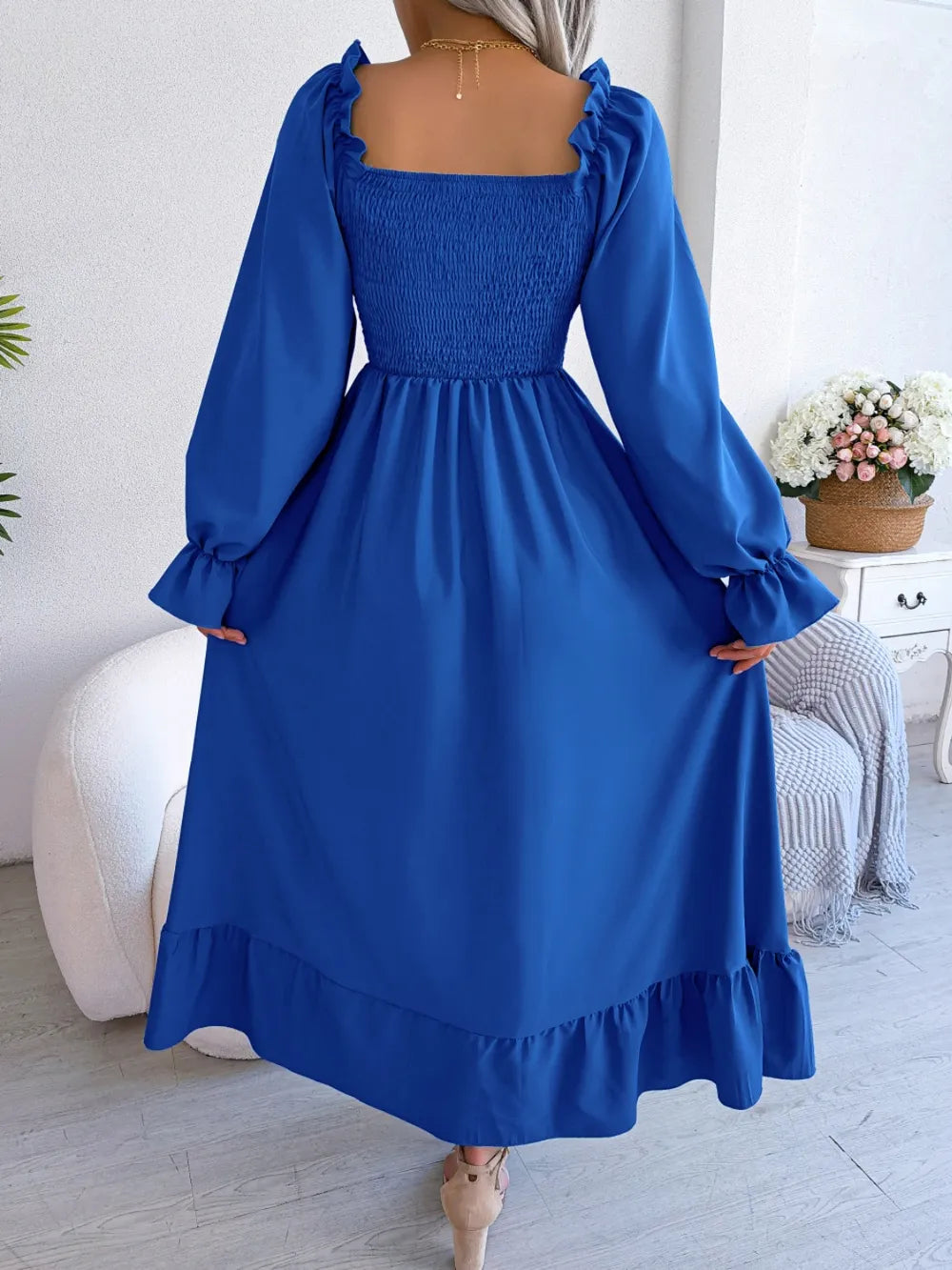 Smocked Square Neck Flounce Sleeve Dress - alternate view 30