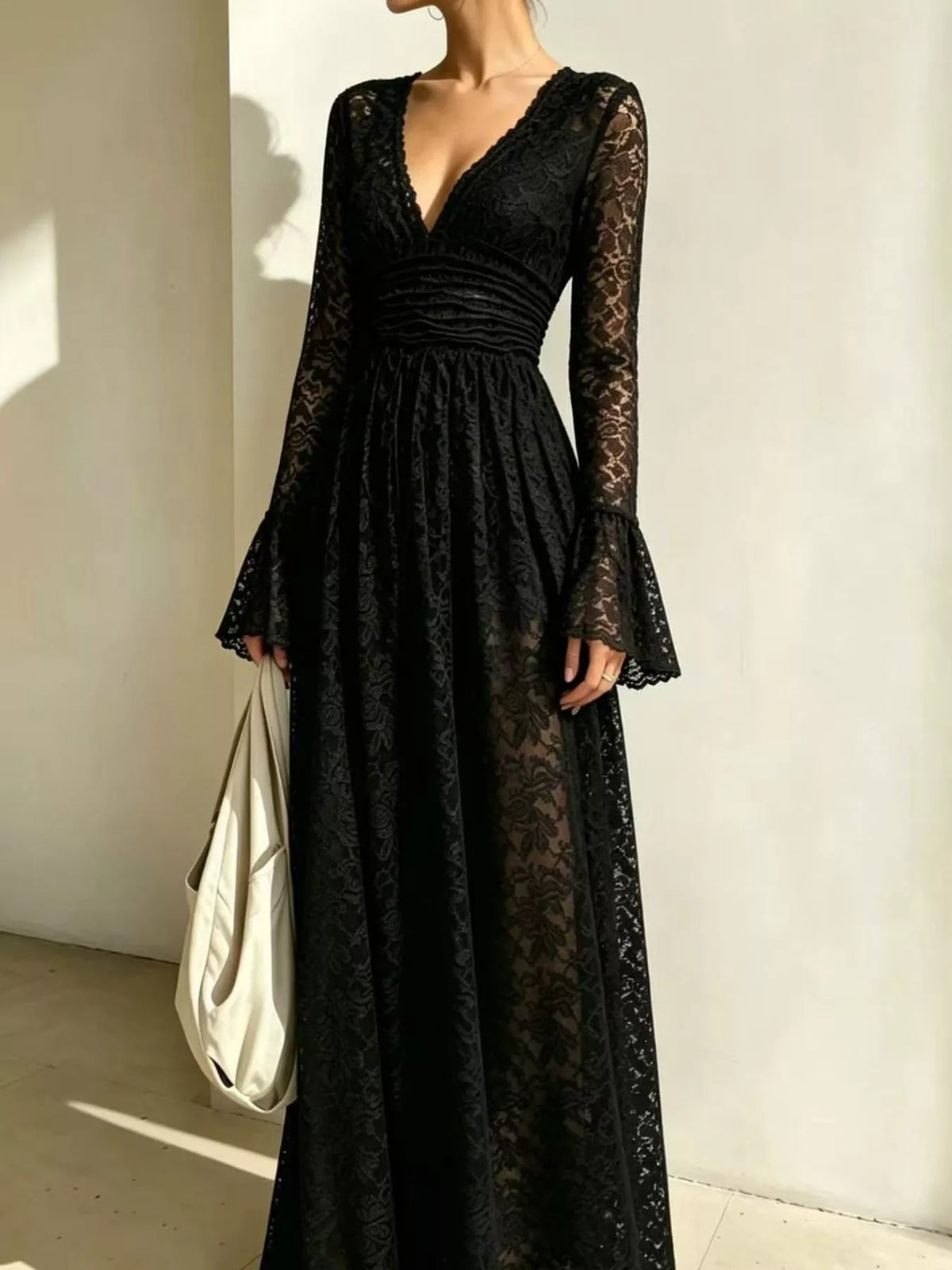 V-Neck Lace Flare Sleeve Maxi Dress - alternate view 5