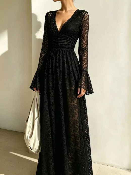 V-Neck Lace Flare Sleeve Maxi Dress - alternate view 5