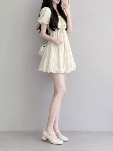 Puff-Sleeve Smocked Mini Dress with Tie-Front Detail - alternate view 2