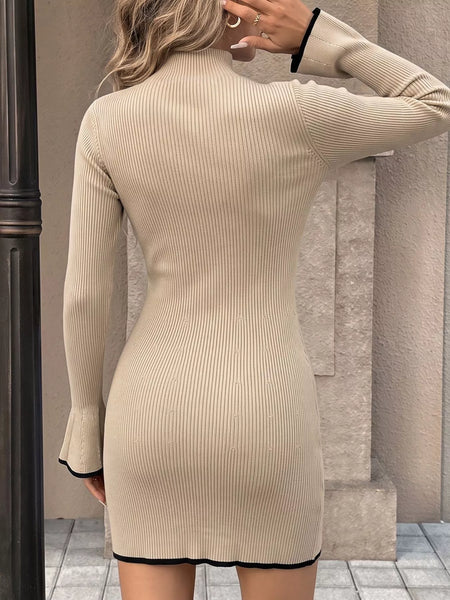 Ribbed Mock Neck Flare Sleeve Sweater Dress - alternate view 5
