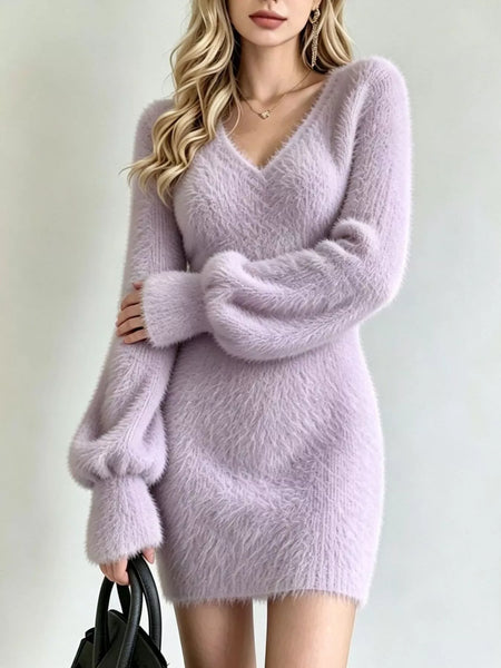 Fuzzy V-Neck Long Sleeve Mini Sweater Dress - alternate view 13