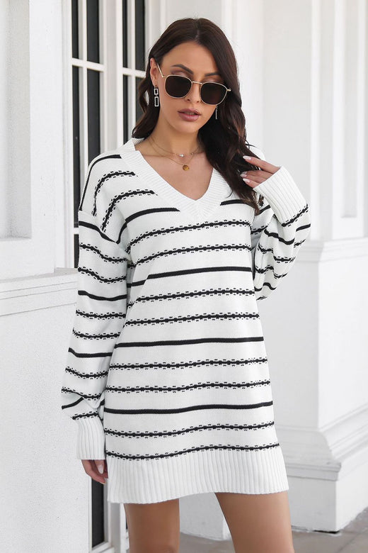 Striped V-Neck Sweater Dress - alternate view 4