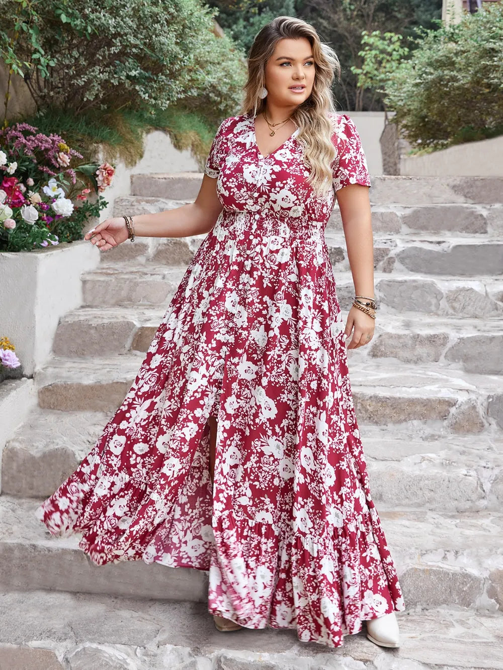 Slit Printed V-Neck Maxi Dress - alternate view 3
