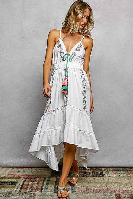 POL Embroidered Detail Tassel Tie Smocked Waist Midi Tiered Cami Dress - alternate view 3
