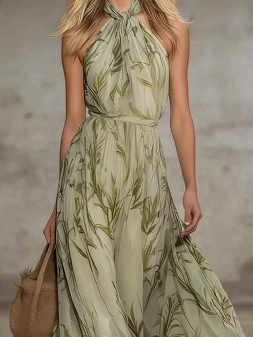 Leaf Print Sleeveless Chiffon Maxi Dress - alternate view 2