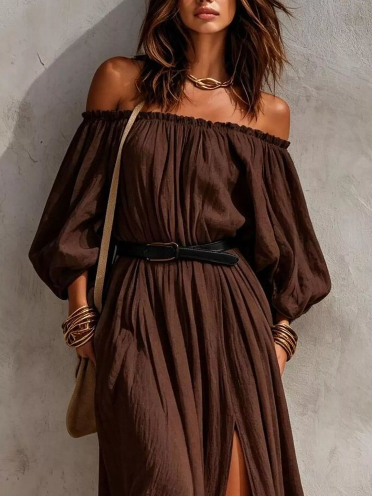 Boho Off-Shoulder Maxi Dress with Side Slit - alternate view 5