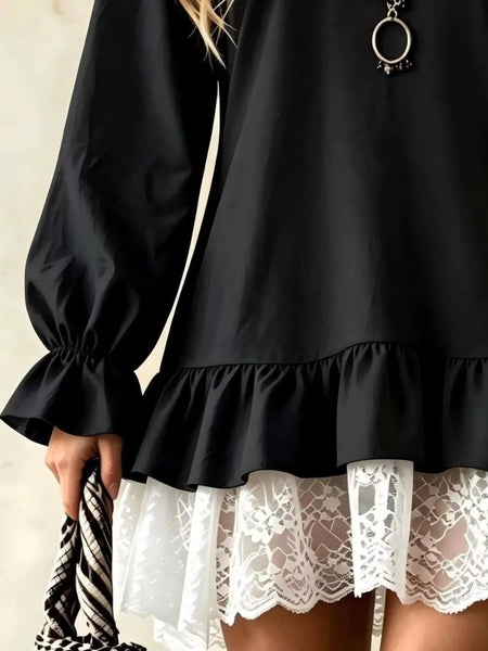 V-Neck Long Sleeve Ruffle Hem Lace Trim Mini Dress - alternate view 9