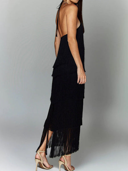 Fringe Halter Neck Sleeveless Maxi Dress - alternate view 6