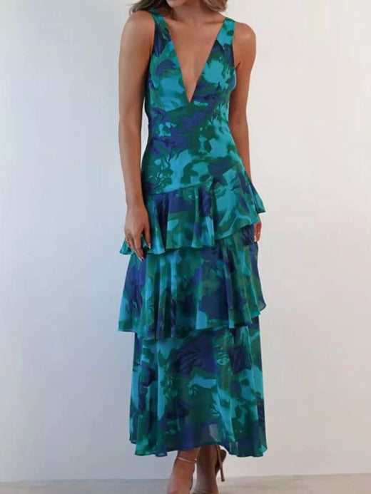 V-Neck Sleeveless Floral Print Layered Ruffle Maxi Dress - alternate view 3