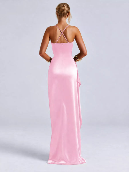 Satin Ruched High-Slit Maxi Dress - alternate view 10