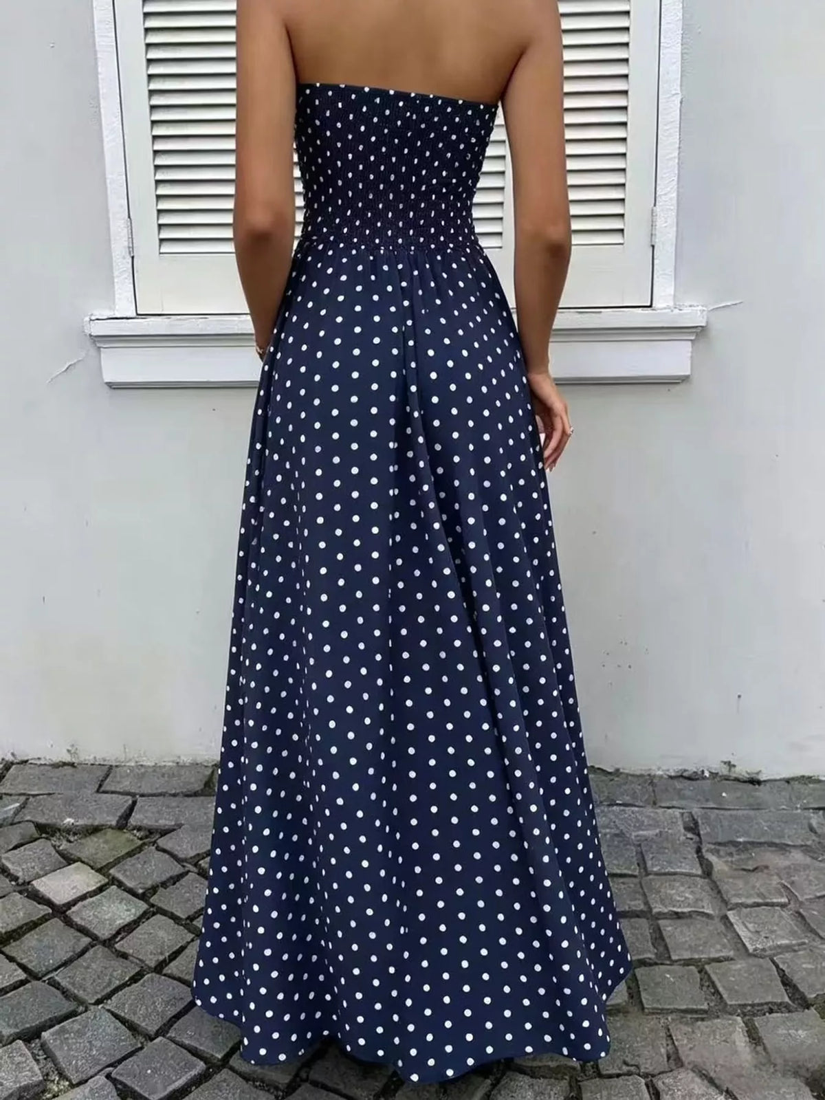 Strapless Polka Dot Ruched Maxi Dress - alternate view 32
