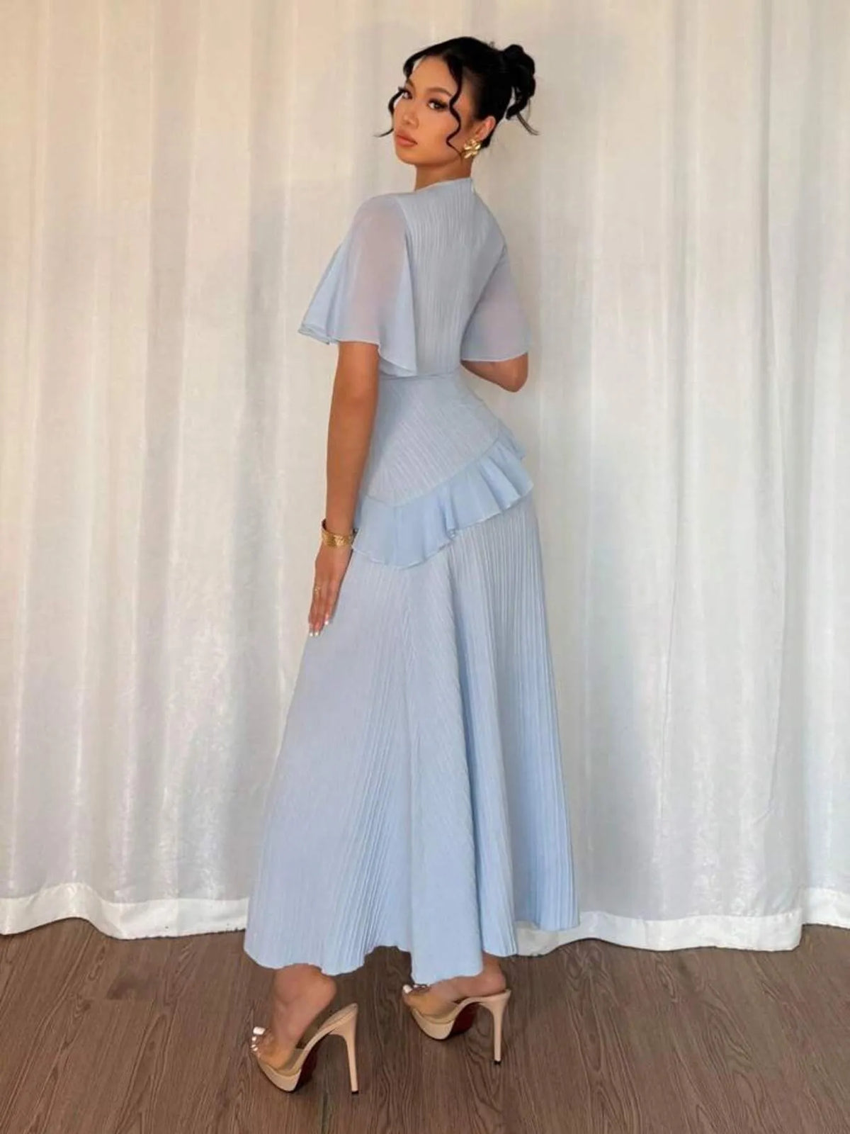 Ruffled Round Neck Flutter Sleeve Dress - alternate view 6