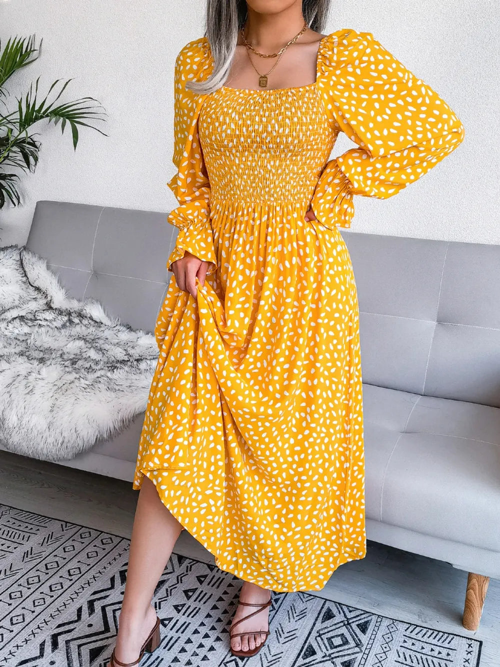 Smocked Square Neck Flounce Sleeve Dress - alternate view 3