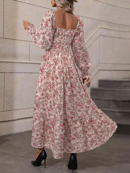 Floral Print Square Neck Smocked Midi Dress - alternate view 3