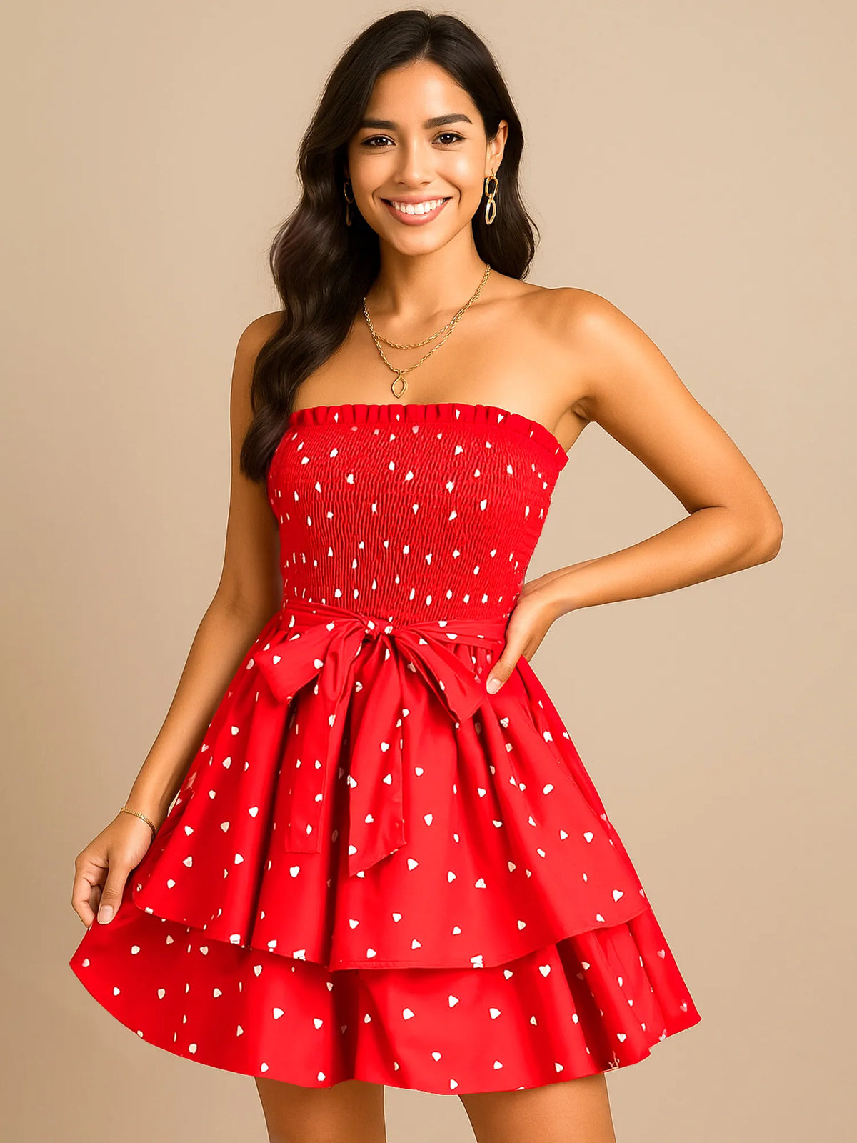 Smocked Heart Print Tube Dress