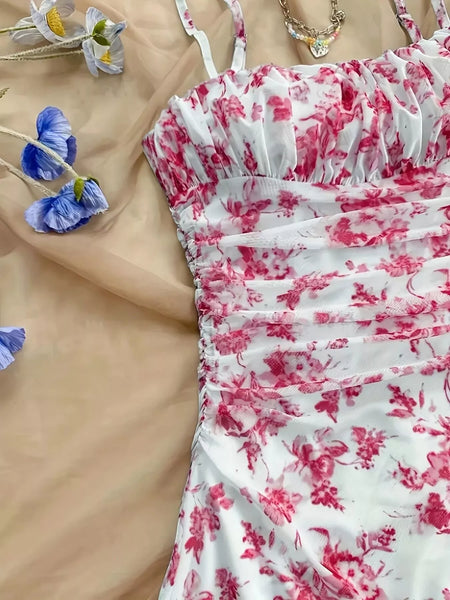 Floral Ruched Spaghetti Strap Mini Dress - alternate view 3