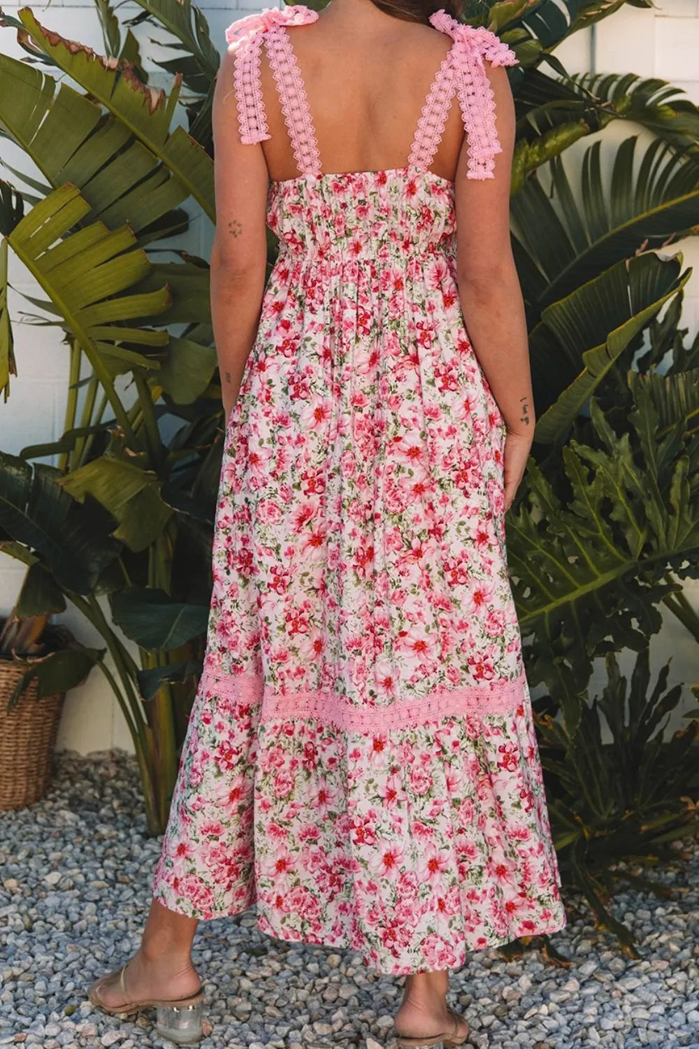 Floral Lace Tied Strap Square Neck Dress with Pockets - alternate view 3