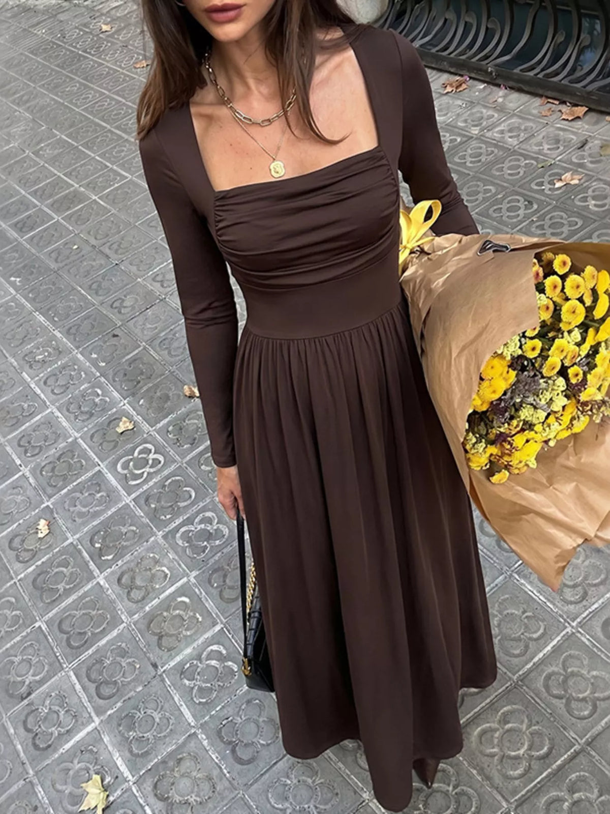 Ruched Square Neck Long Sleeve Maxi Dress - alternate view 5