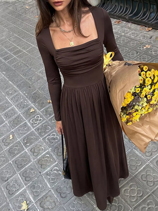 Ruched Square Neck Long Sleeve Maxi Dress - alternate view 5