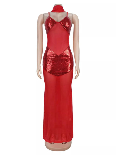Sequin V-Neck Sheer Mesh Sleeveless Maxi Dress - alternate view 9