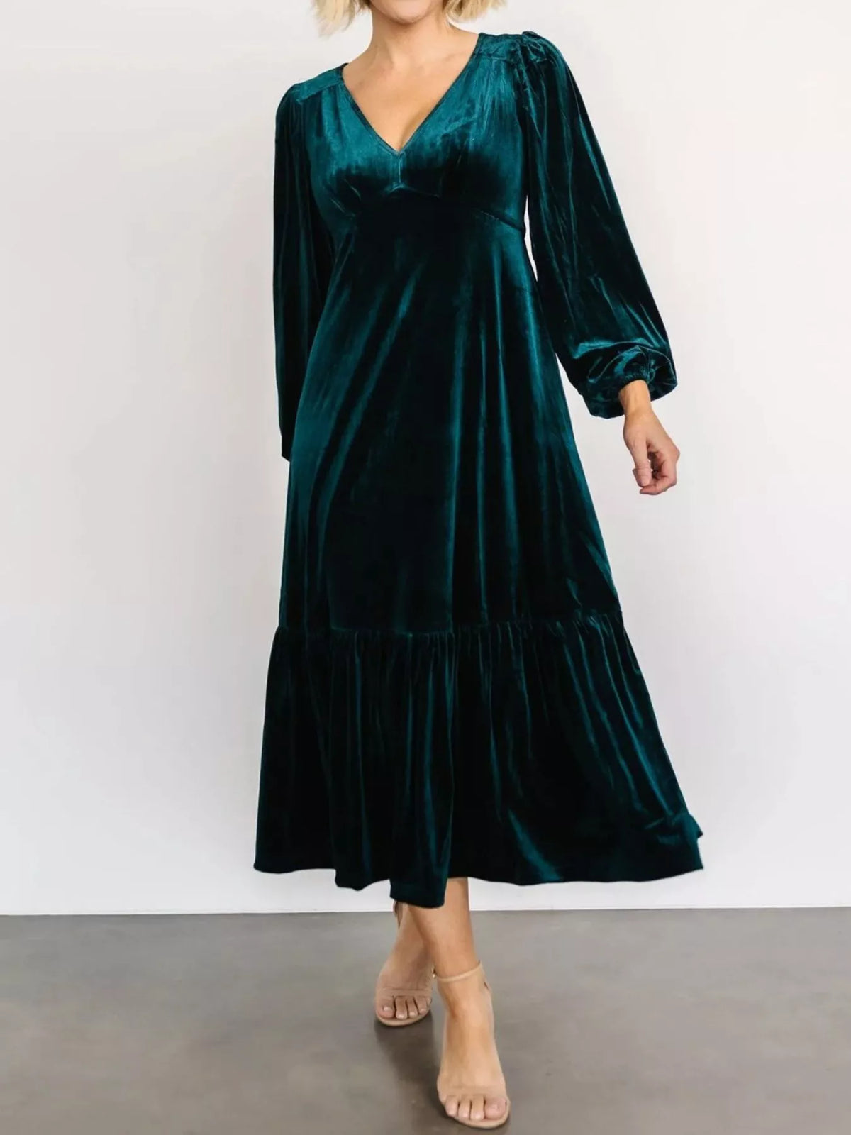 Velvet Tiered Long Sleeve Midi Dress - alternate view 6