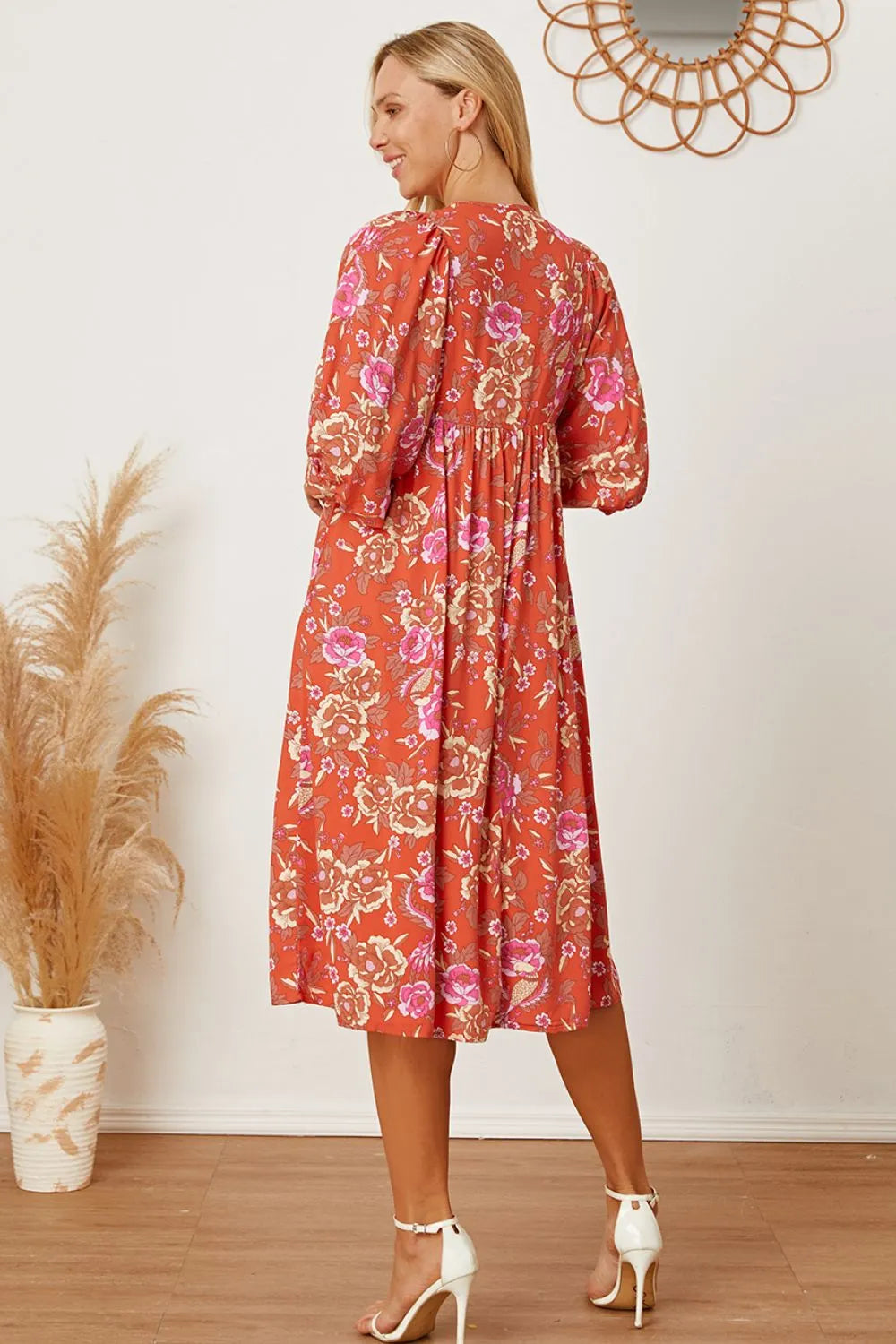 Floral Tie Neck Half Sleeve Dress - alternate view 5