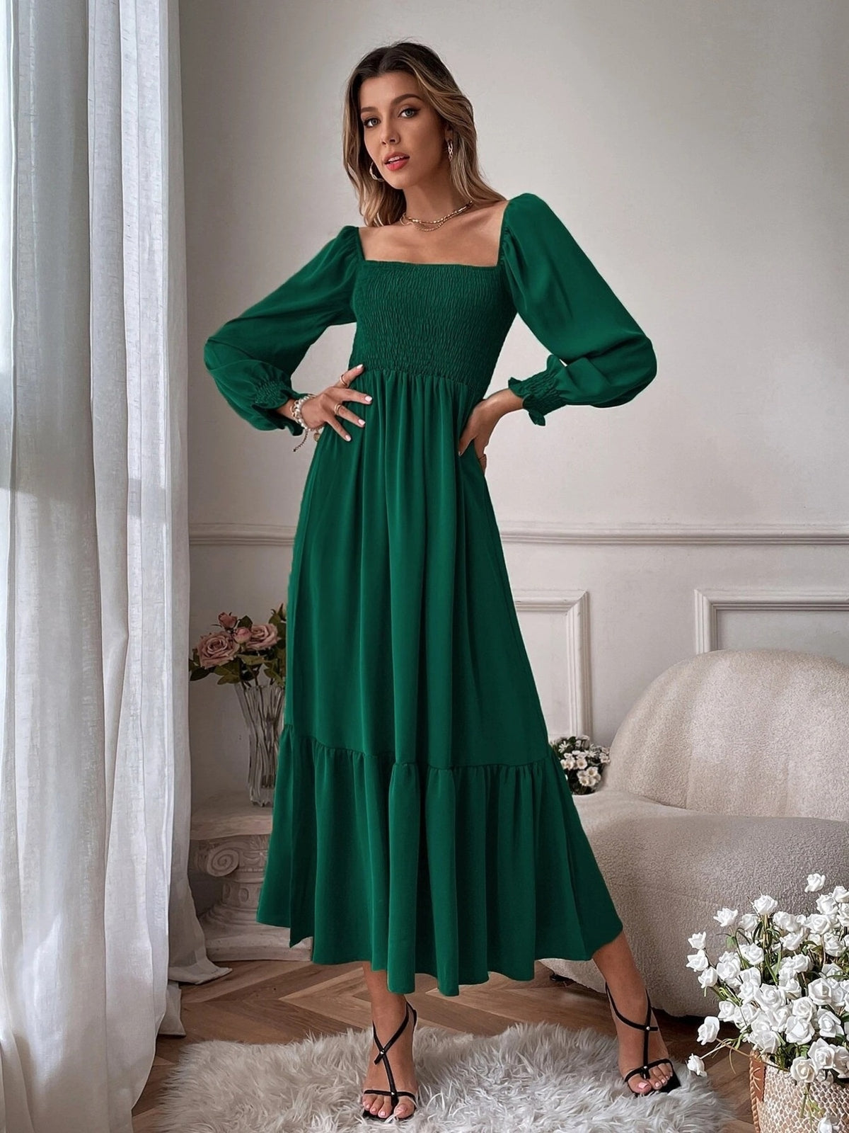 Smocked Long Sleeve Midi Dress - alternate view 4