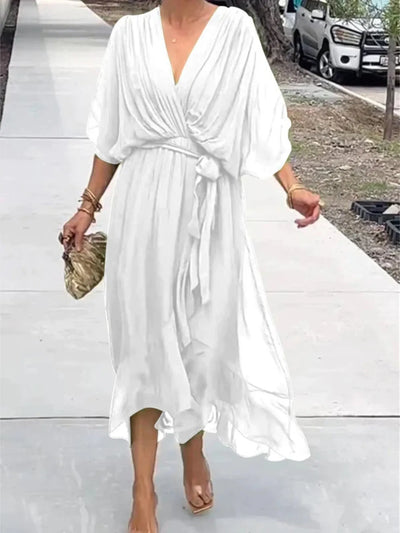 Flowy Tie Front Midi Dress with Flutter Sleeves - alternate view 19
