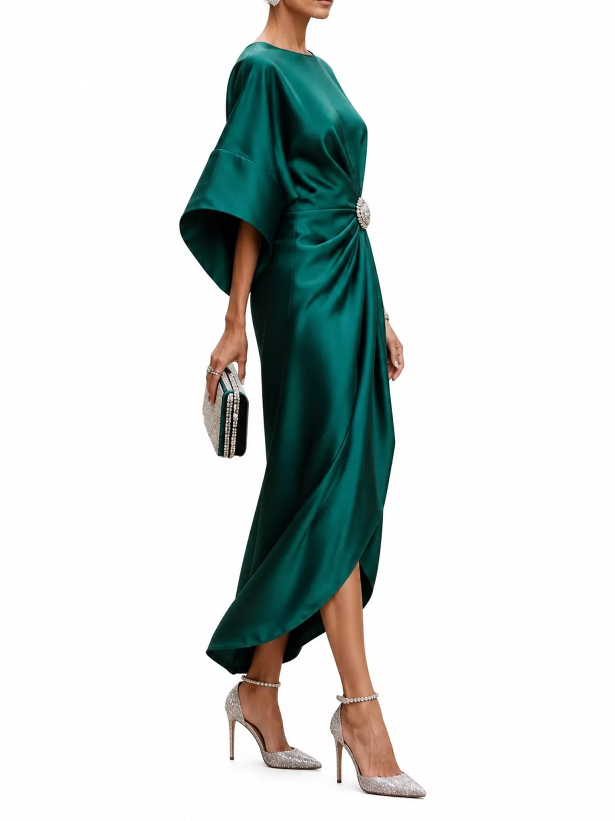 Full Size Satin Draped Evening Dress with Crystal Brooch Plus Size - alternate view 9