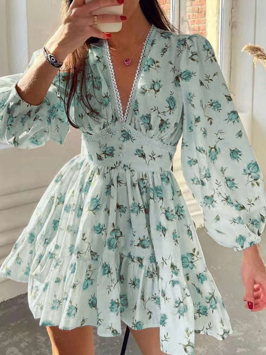 Lace Detail V-Neck Balloon Sleeve Dress - alternate view 6