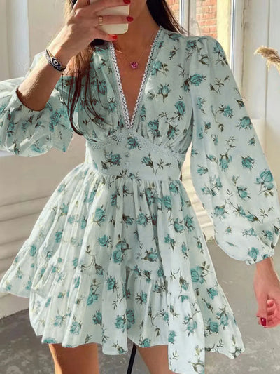 Lace Detail V-Neck Balloon Sleeve Dress - alternate view 6