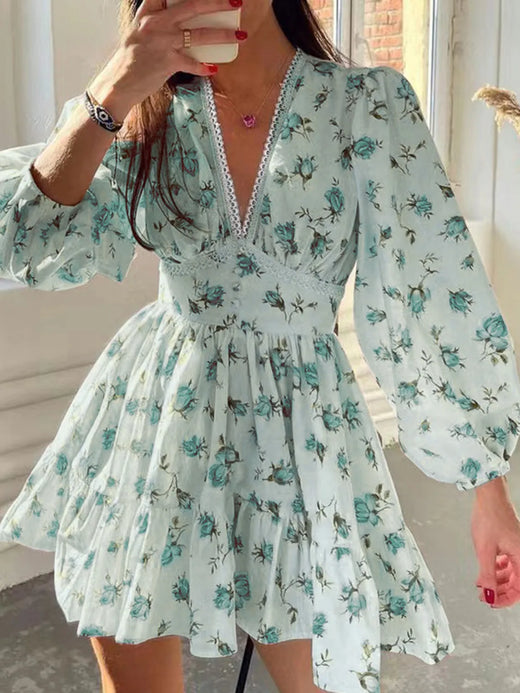 Lace Detail V-Neck Balloon Sleeve Dress - alternate view 6