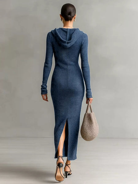 Hooded Knit Maxi Dress with Button-Up Placket and Chest Pockets - alternate view 4