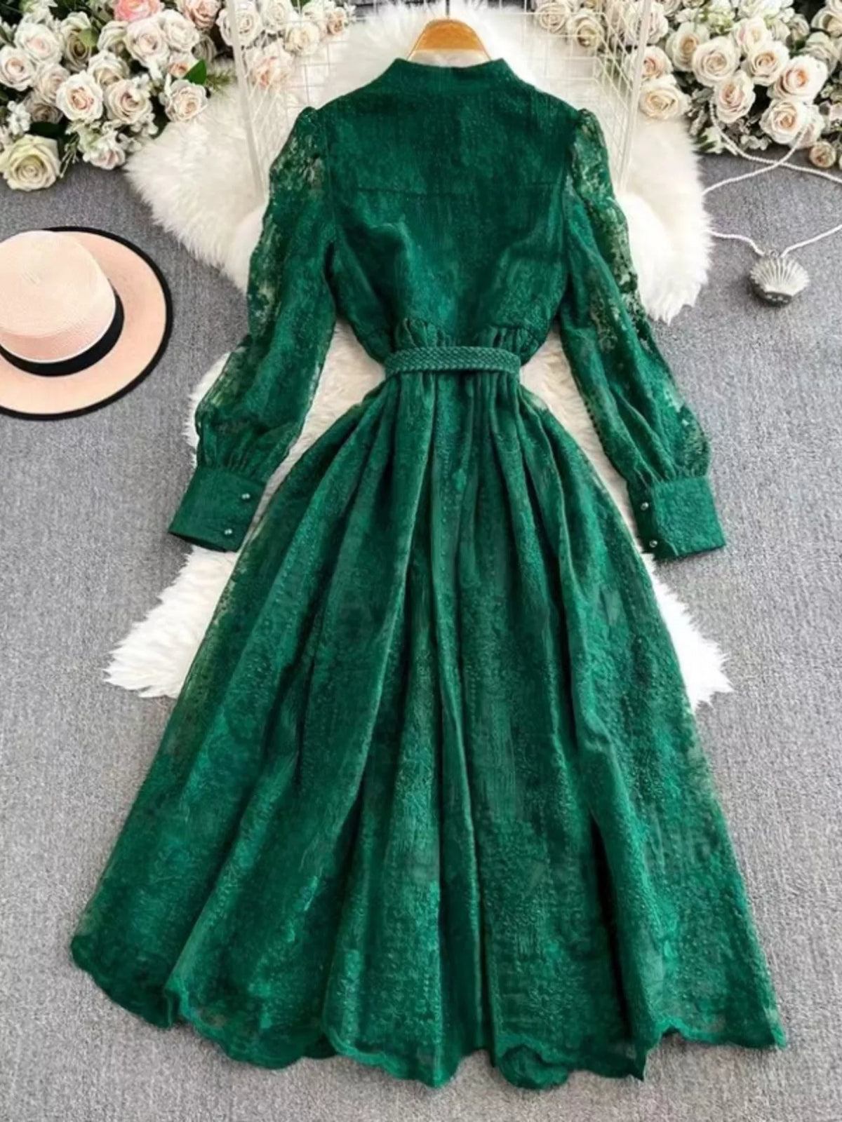 Lace Tie Waist Long Sleeve Dress - alternate view 7