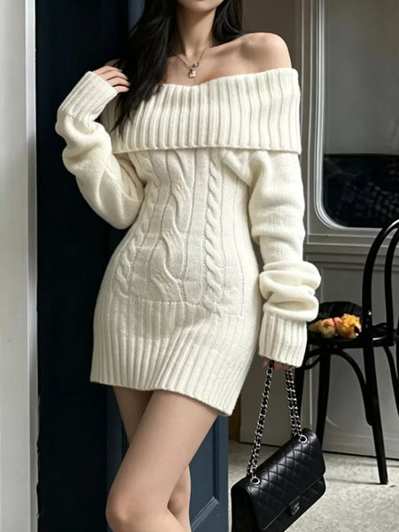 Off-Shoulder Cable Knit Sweater Dress