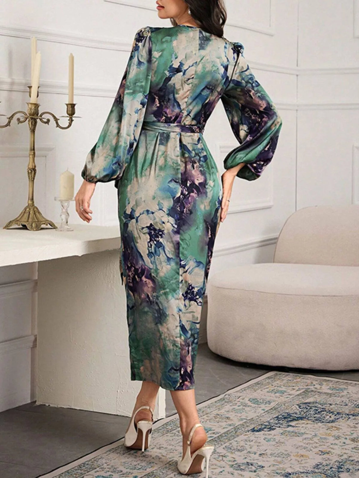 Printed Tie Waist Balloon Sleeve Dress - alternate view 6