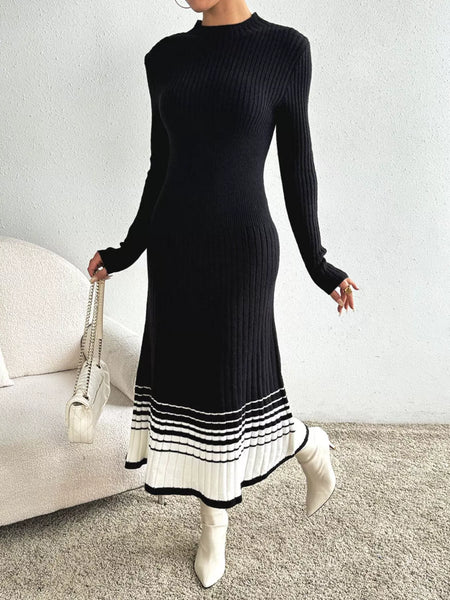 Ribbed Knit Sweater Dress with Striped Hem - alternate view 5