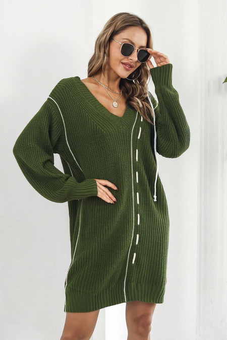 Contrast V-Neck Sweater Dress - alternate view 3