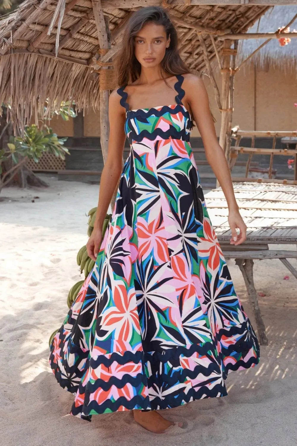 Printed Square Neck Wide Strap Sleeveless Dress - alternate view 2