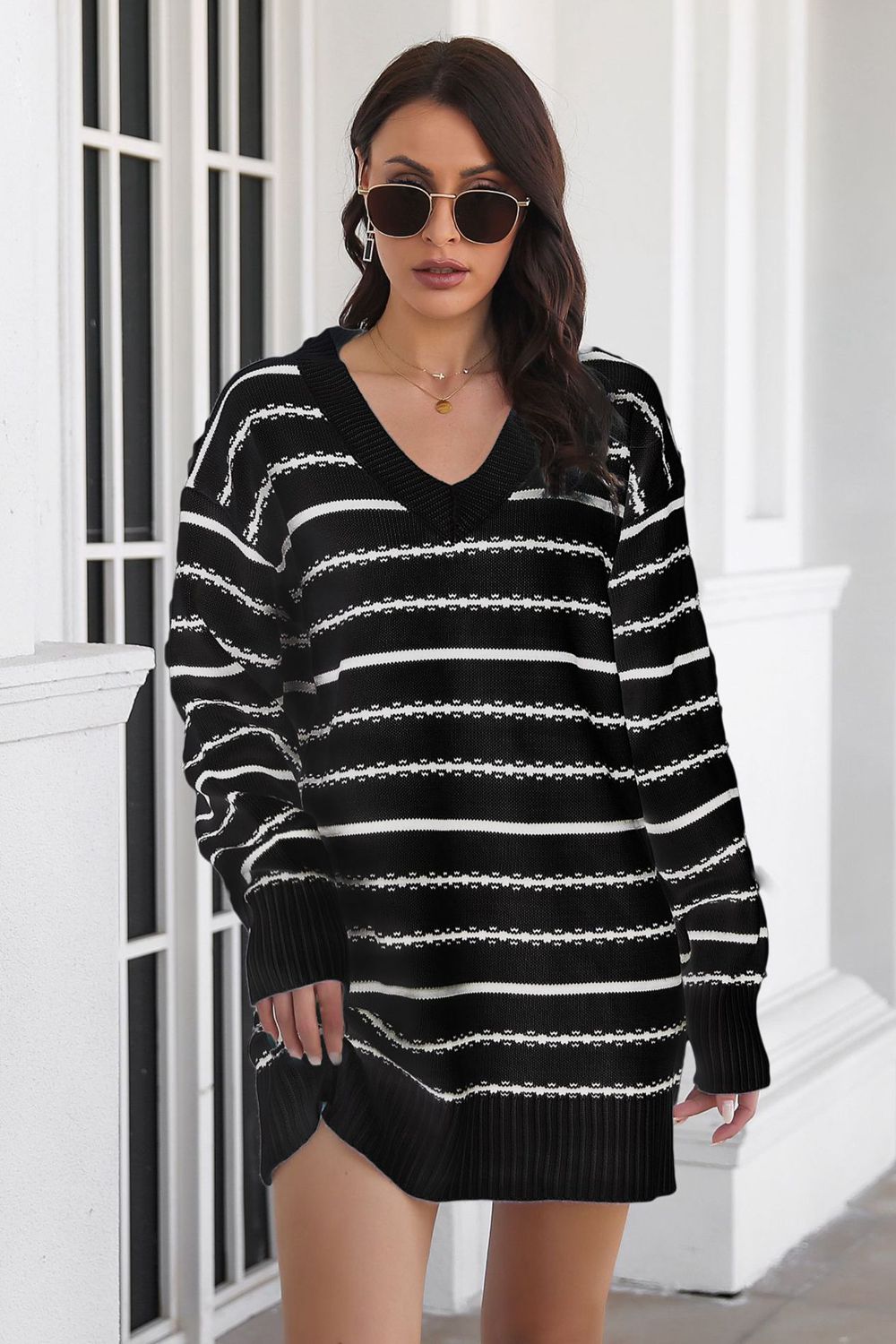 Striped V-Neck Sweater Dress - alternate view 7