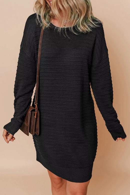 Solid Color Raised Rib Knit Dolman Sleeve Shift Sweater Dress