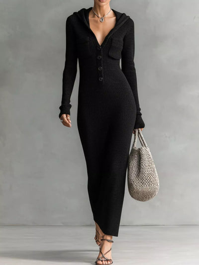 Hooded Knit Maxi Dress with Button-Up Placket and Chest Pockets - alternate view 8