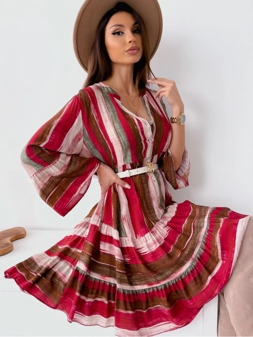 Buttoned Striped Long Sleeve Mini Dress - alternate view 6