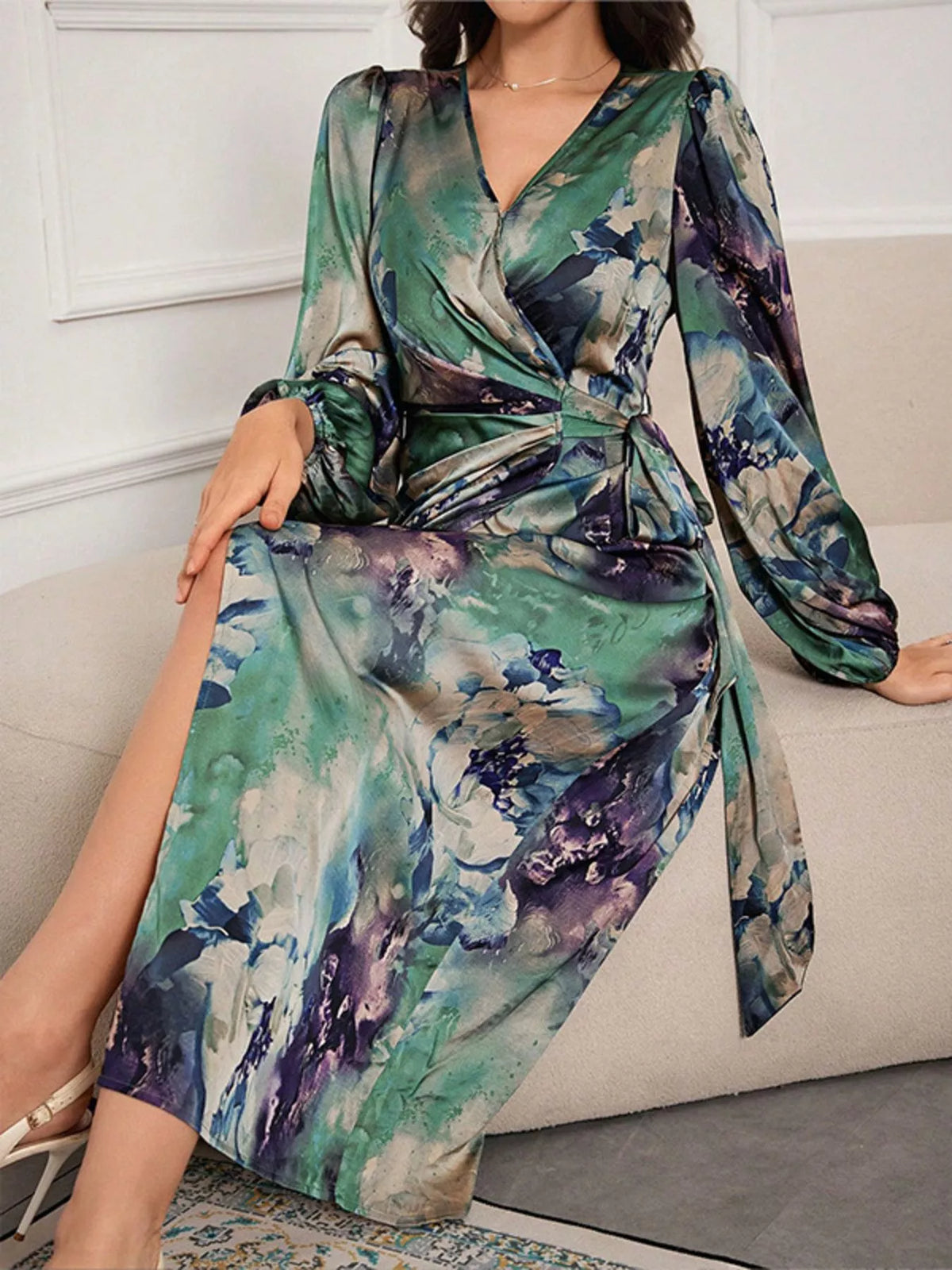 Printed Tie Waist Balloon Sleeve Dress - alternate view 2