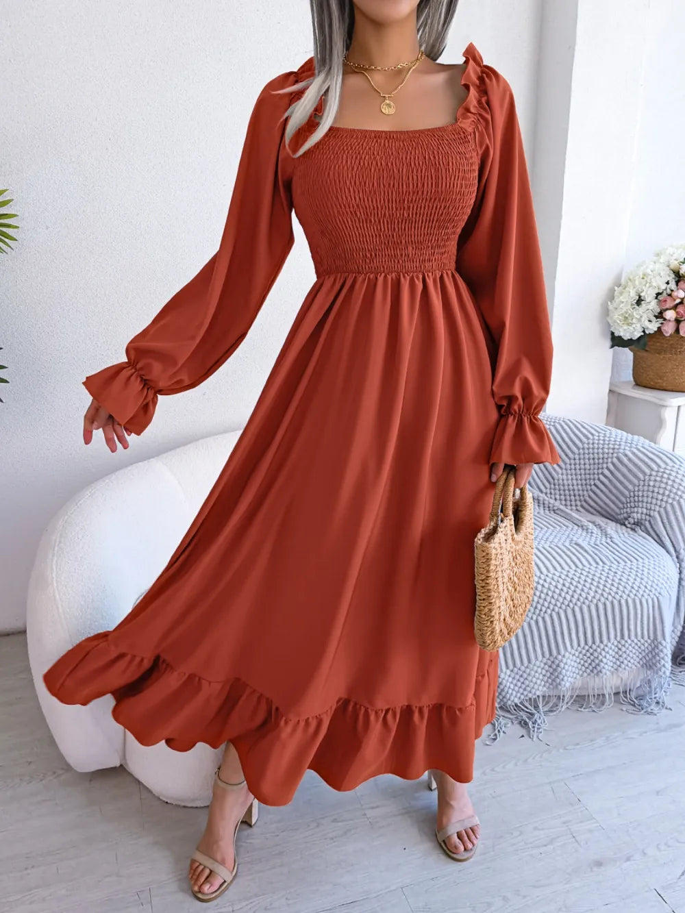 Smocked Square Neck Flounce Sleeve Dress - alternate view 5