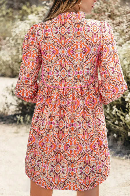 Printed Tie Neck Long Sleeve Mini Dress - alternate view 2